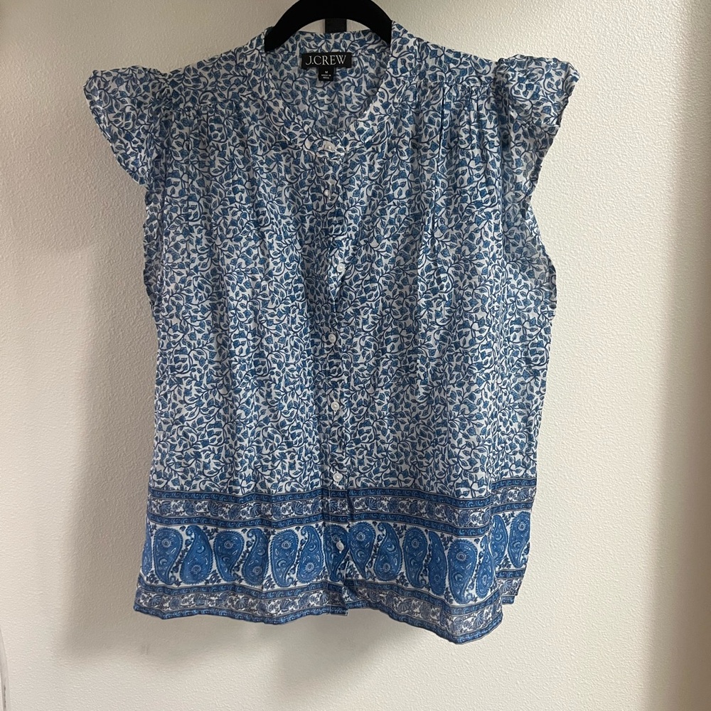 J. Crew Blue Paisley Border Cap-Sleeve Button Front Blouse